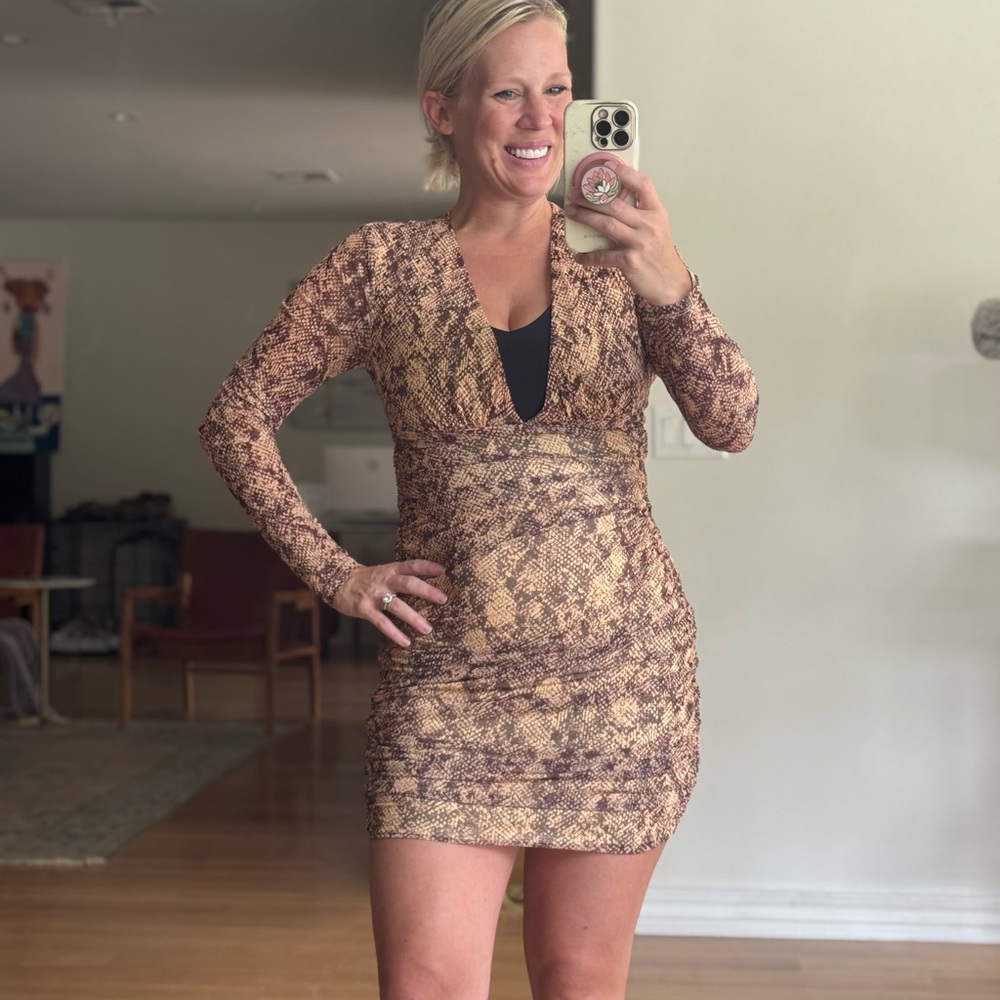 REVOLVE Snake Print Long Sleeve Mini Dress in Brown and Cream